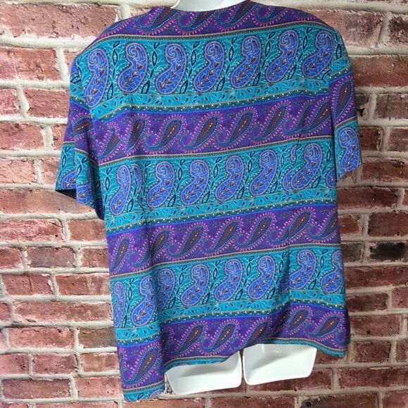 Leslie Fay Vintage Paisley Blouse Green Blue Size 20WP Padded Shoulder Top - Picture 6 of 7